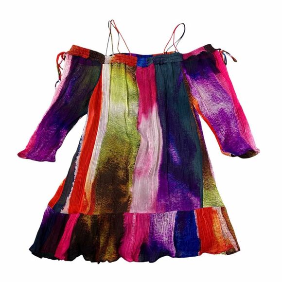 Anthropologie Floreat Dress Large Green Red Blue Watercolor Off Shoulder Flowy - Picture 11 of 16